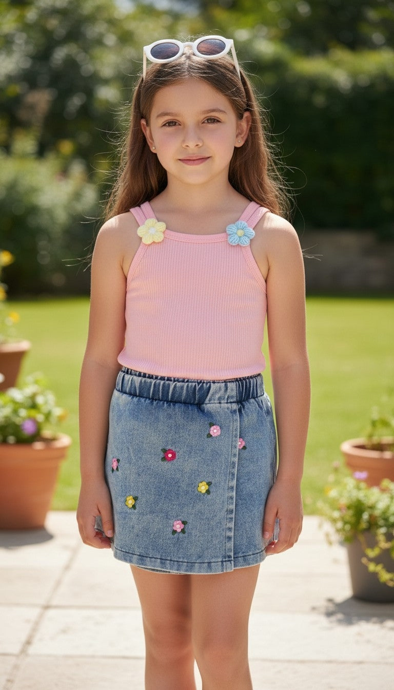 Floral Strap Top & Denim Skirt Set